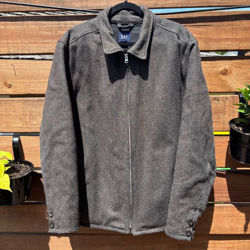 Gap Harrington Jacket Mens XL Brown Herringbone Excellent Quilted Lined Zip Up